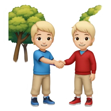 A cute 4-year-old Japanese boy with a big proud smile, shaking hands with another boy to make up after a fight, in a sunny park. Toys on the ground, both looking happy and relieved, warm friendship vibe, cartoonish style, vibrant colors, high detail. sticker
