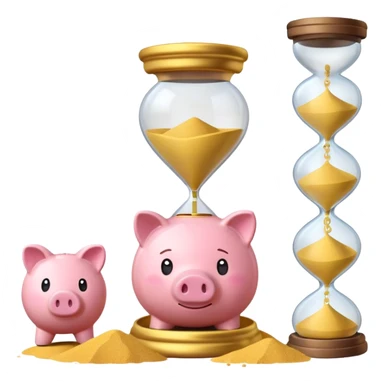 A minimalist emoji-style icon: A stylized piggy bank with a coin dropping into it, next to an hourglass. The hourglass symbolizes time and long-term savings for retirement. Simple shapes, flat bright colors, emoji-like design. sticker