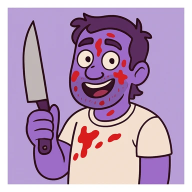 Edit the image of a man to have purple skin, keep everything else as in the original, stylized, holding a knife, ketchup on the face, friendly expression, light background. sticker