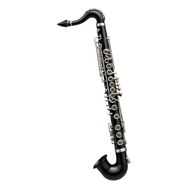 Create a sleek and professional emoji representing a black standard clarinet. The design should feature the smooth, black finish of the clarinet’s body with its shiny metal keys clearly visible. Highlight the mouthpiece with the reed at the top of the instrument. Include subtle details like the metal rings and key pads to emphasize its high-quality construction. Use black and silver tones to capture the classic and refined look of a traditional clarinet. Add soft musical notes around the instrument to evoke its melodic sound. The background should be transparent. sticker