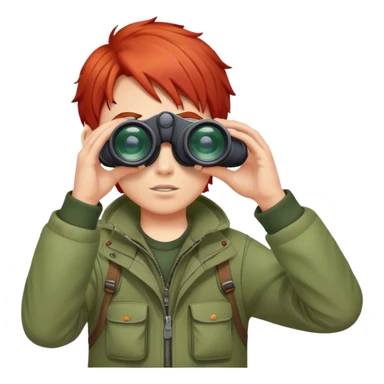 smiled boy's outdoor clothes whit red hair with binocular and white background  sticker