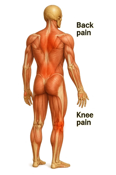 corpo umano anatomico con mal di schiena e al ginocchio, iperrealiùstico 4k sticker