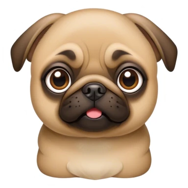 Cinematic Comical Fawn Pug Portrait Emoji, Head tilted dramatically with an exaggeratedly amused expression, featuring a glossy fawn coat with a smooth finish, wide, expressive dark eyes filled with playful disbelief, Simplified yet hilariously expressive features, highly detailed, glowing with a slightly sassy glow, high shine, dramatic yet playful, stylized with an air of cheeky mischief, bright and endearing, soft glowing outline, capturing the essence of a spirited and over-the-top companion, so meme-worthy it feels like it could side-eye its way into internet fame instantly! sticker
