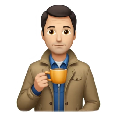 A handsome 45 year old white man with dark hair in a very foggy park drinking a cup of coffee sticker