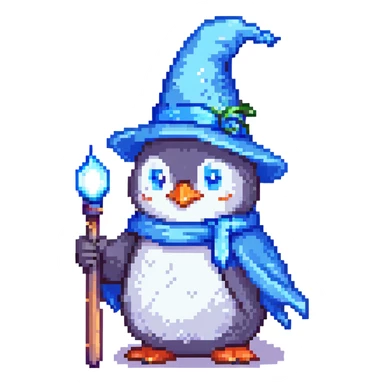 A penguin wizard with a blue hat and a glowing wand, retro video game aesthetic sticker