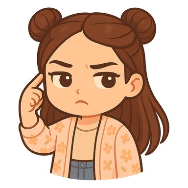 Create a chibi sticker of the girl from the reference image. She is twirling her finger at her temple with an unimpressed, judging expression (not angry). She has brown straight hair styled in double buns, brown eyes, wearing a pastel floral cardigan and jeans. The sticker should have a white outline and a transparent background, sized 512x512px. sticker