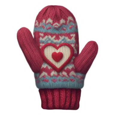 A pair of cozy knitted mittens with a heart design sticker