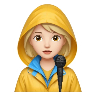 woman with rain coat and microphone sticker