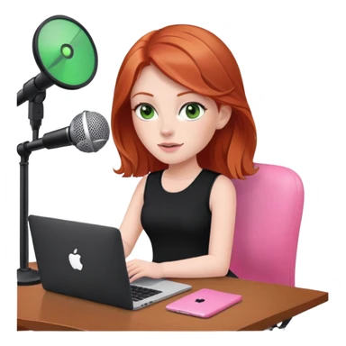Redhead with green eyes sat at desk with pink MacBook and  podcast microphone black top and pink chair  sticker