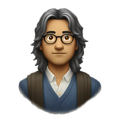 A Brazilian man nerd with a mystical Japanese vibe, wearing round glasses and medium-length hair with bangs. The character should have a thoughtful or intelligent expression, reflecting a fusion of Brazilian and Japanese culture. sticker