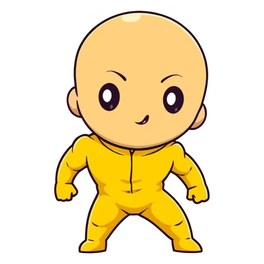 Saitama with blank face from One Punch Man, plain expression, bald head, simple round eyes, yellow hero suit, comical anime look sticker