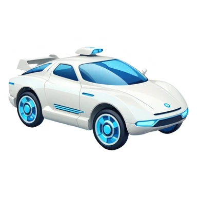 Futuristic retro hover white car with angular design and glowing blue wheels, flat vector style, minimal color palette with blue highlights sticker