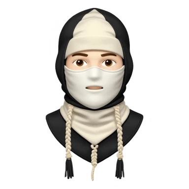 Deconstructed off-white balaclava with frayed layers, rope tassels, subtle embroidery. Studio photo, white bg, soft light. Streetwear luxury style.
 sticker