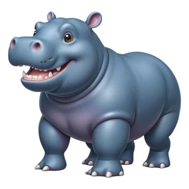 cinematic-hippo-realistic-full-body-side-view-standing-on-all-fours-emoji,-massive-round-frame,-wide-mouthed-grin-exposing-huge-teeth,-head-tilted-dramatically,-thick-greyish blue-hide-glossy, big cute eyes sticker