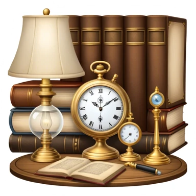 Icon for Antiques Collecting: a vintage pocket watch, an old ornate lamp, and a porcelain figurine, all placed on a wooden table surrounded by aged books and a magnifying glass. The icon should evoke the elegance and history of antique collecting. Transparent background. sticker