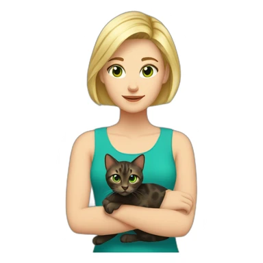 Blonde woman with short hair and blue green eyes with her dark tortoise shell cat sticker