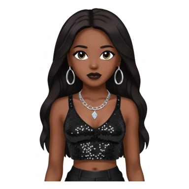 Aaliyah with black sequin crop top and pants, long dark brown hair sticker
