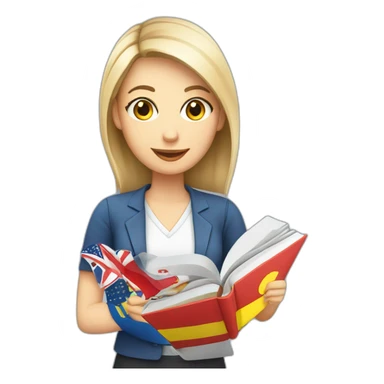 English teacher female with English book with Ukrainian flag  and usa flags sticker