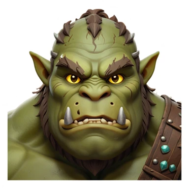 Cinematic Noble Ogre Portrait Emoji, Majestic and imposing, with a rugged, muscular form in deep earthy greens and browns, adorned with battle scars and subtle tribal markings, exuding calm, noble strength and unexpected wisdom, simplified yet strikingly detailed, glowing with a shadowy outline that captures the essence of a gentle giant with fierce heart! sticker