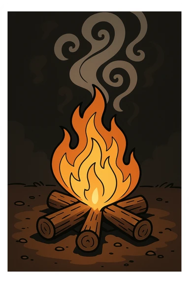 Add a dark background behind the campfire, keep the fire and smoke forming subtle hypnotic patterns, no people, straightforward style. sticker
