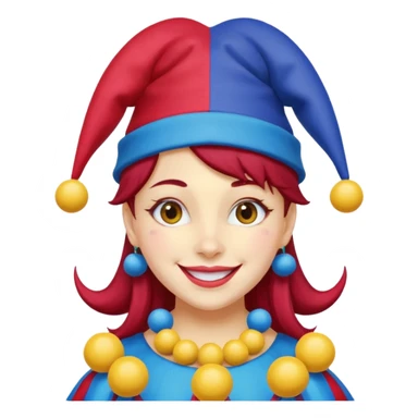 Girl with red and blue jester hat with yellow balls on the ends of the jester hat smiling with rosy cheeks and dark hair sticker