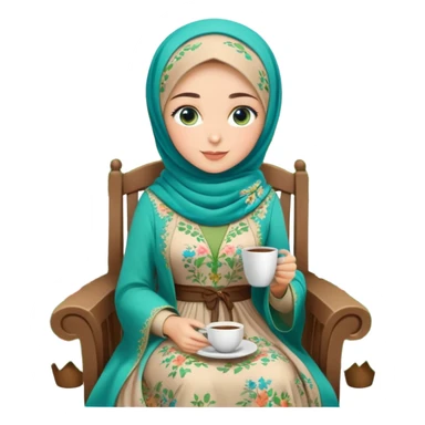 Turkish beautiful finish Konya girls blue eyes with Beautiful light brown green floral hijab long tail dress and in a lovely garden sits on the chair on the ground and holds cup coffe with her hand  sticker