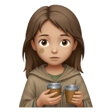 little beggar girl character, chest-up portrait, loose slightly messy hair, worn and oversized clothes in neutral earth tones, tired but gentle eyes, subtle dirt marks on face, holding small metal cups for coins, humble and innocent expression sticker