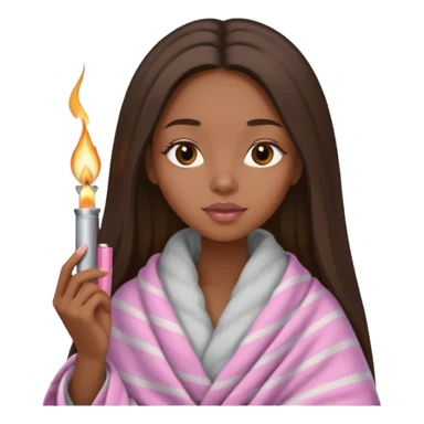 Curvy, light brown long hair, pretty black girl light pink lipgloss wrapped in blanket holding a lighter and blunt sticker