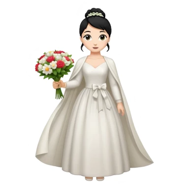 Chica blanca,cuerpo entero, vestido boda ,manga larga ,con estola, pelo negro,    ramo de flores una mano, pelo recogido en moño alto sticker