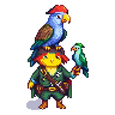 a pirate with a parrot on his shoulder, pixel art style sticker