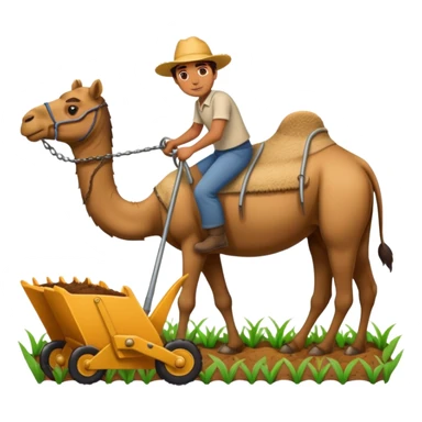 man plowing a field with a plow and a camel, emoji style sticker