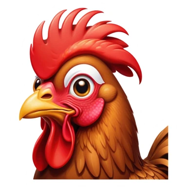 Cinematic Cute Brown Rooster Portrait Emoji, Head tilted playfully and inquisitively, featuring a glossy, immaculate brown plumage with a vibrant red comb, round, sparkling warm eyes filled with curiosity, Simplified yet irresistibly adorable features, highly detailed, glowing with a warm, friendly glow, high shine, affectionate and spirited, stylized with a touch of farmyard whimsy, bright and endearing, soft glowing outline, capturing the essence of a mischievous yet loving rooster, so playful it feels like it could strut out of the screen and into your arms! sticker