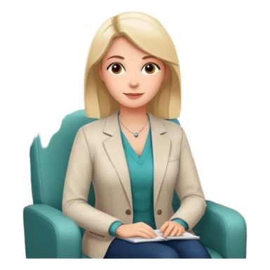 A professional female psychologist, friendly expression, sitting in a therapy office, modern and warm environment, neutral colors, realistic style, white background sticker