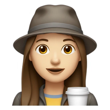 woman with long straight brown hair and pale skin and wearing a laptop hat and drinking coffee sticker