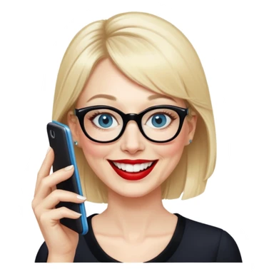 Pin up Woman in her early 50s with pale skin, wider face, blue eyes with eyeliner, thin eyebrows, red lipstick, blonde hair up with bangs, wearing black glasses. Laughing on a mobile phone  sticker