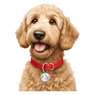 light brown golden doodle wearing a red collar with silver tag sticker