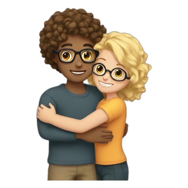 boy with curly blonde hair and glasses hugging girl with black hair and glasses sticker