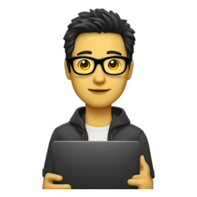 Man with yellow tinted glasses and black hair holding computer  sticker