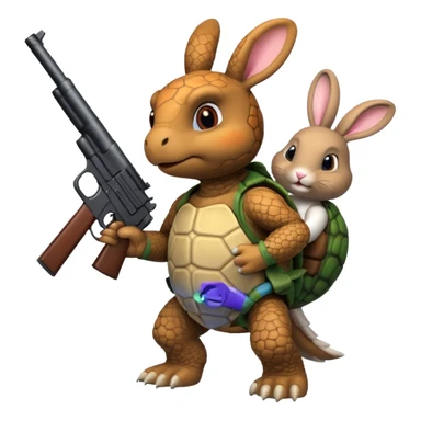 Turtle with a rabbit on its back that has a gun sticker