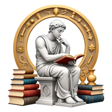 An icon featuring a thinker statue, a scroll, symbolizing philosophy. The design includes books and abstract symbols representing deep thought and wisdom. Transparent background highlights the study of ideas, logic, and existential questions sticker