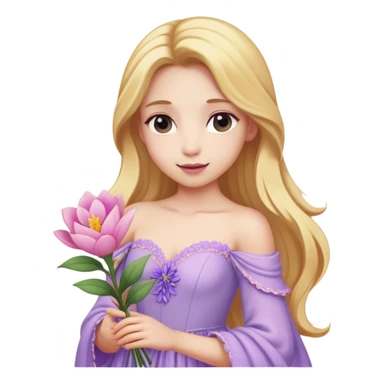Cinematic Realistic Rapunzel Portrait, with porcelain-like skin featuring a subtle, natural glow, illuminated by soft lighting that brings out the gentle contours of her face. Her long, golden blonde hair cascades in detailed waves, each strand highlighted with a radiant shimmer as it catches the light. She playfully holds a flower in one hand, her other hand resting casually in her lap, with a warm and spirited expression. Her bright, expressive green eyes exude curiosity and warmth, framed by delicate lashes and soft, arched brows. She is dressed in her classic lavender and pink gown, the fabric textured with delicate folds that flow naturally, catching the light with a soft, radiant glow. The portrait captures a luminous, enchanting aura, seamlessly blending realism with a whimsical, fairytale charm, evoking a timeless sense of beauty and magic. sticker