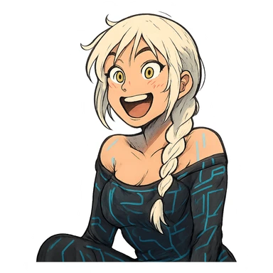she making a emphatically happy excited facial expression, a closeup portrait of young woman with gold yellow eyes, white hair, long braid, black off-shoulder top d-cup, punk gothic style, futuristic cyberwave cyberpunk, sitting position sticker