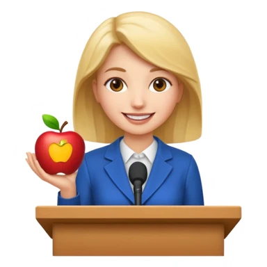 female presenter at a podium, simple background, apple emoji style sticker