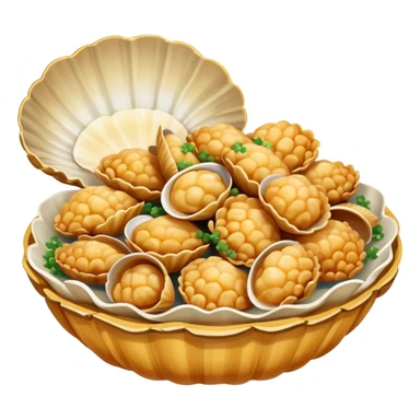 Qingdao fried clams in shell with garlic, simplified emoji style with bold outlines and bright colors, cartoon style Shandong seafood specialty sticker
