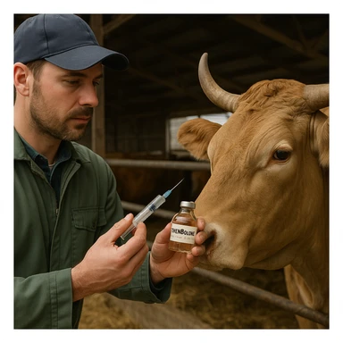 realistic image of a veterinarian or farmer administering a vial labeled 'Trenbolone' to a cow or bovine in a barn, detailed realistic animals and environment, readable label on the vial with the name 'Trenbolone' sticker