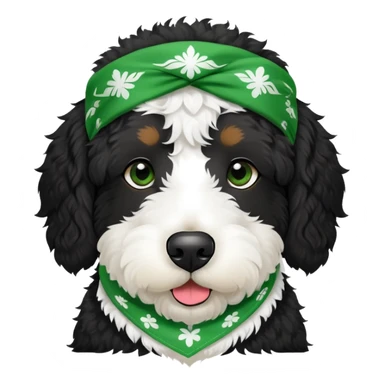 Black bernadoodle with white around mouth and big white eyebrows wearing green bandanna  sticker