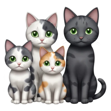 3 different coloured small cats including a dark grey and white, and a patchy calico and a completely solid dark grey with green eyes and only white paws sticker