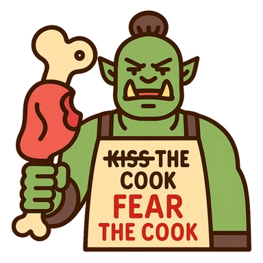 An orc wearing an apron with the text "Kiss the Cook" scratched out and replaced with "Fear the Cook", featuring a giant rib bone as a weapon sticker