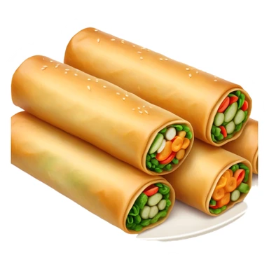 Cinematic Realistic Spring Rolls Dish Emoji, featuring golden, crispy rolls filled with fresh vegetables rendered with detailed textures and warm natural lighting. sticker