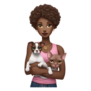 Beautiful tattooed curly dark brown haired woman holding a boxer dog and  pink sphinx cat with blue eyes sticker
